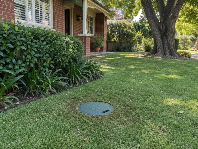 Flush green sewer access cap in a neat suburban lawn beside a brick house in Turramurra